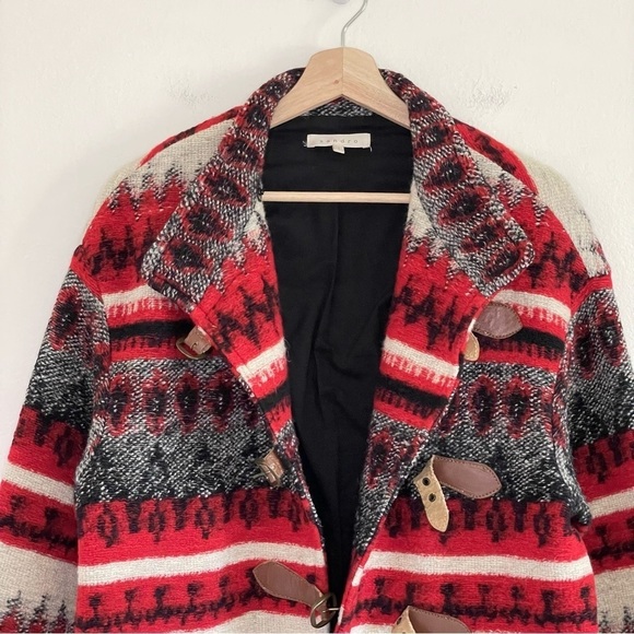 Sandro Wool Blend Patterned Coat Red Black Ivory Small - Picture 5 of 16